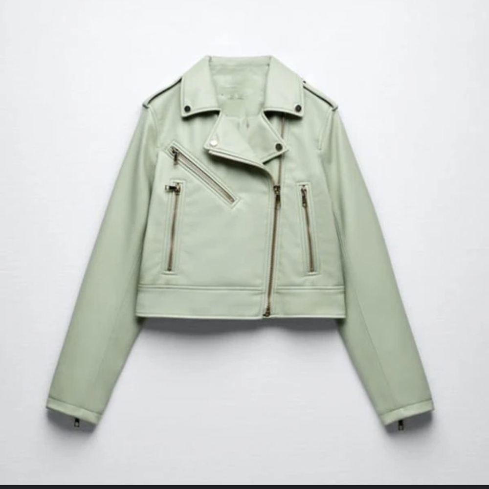 Zara Green Leather Moto Jacket with Asymmetrical Zipper